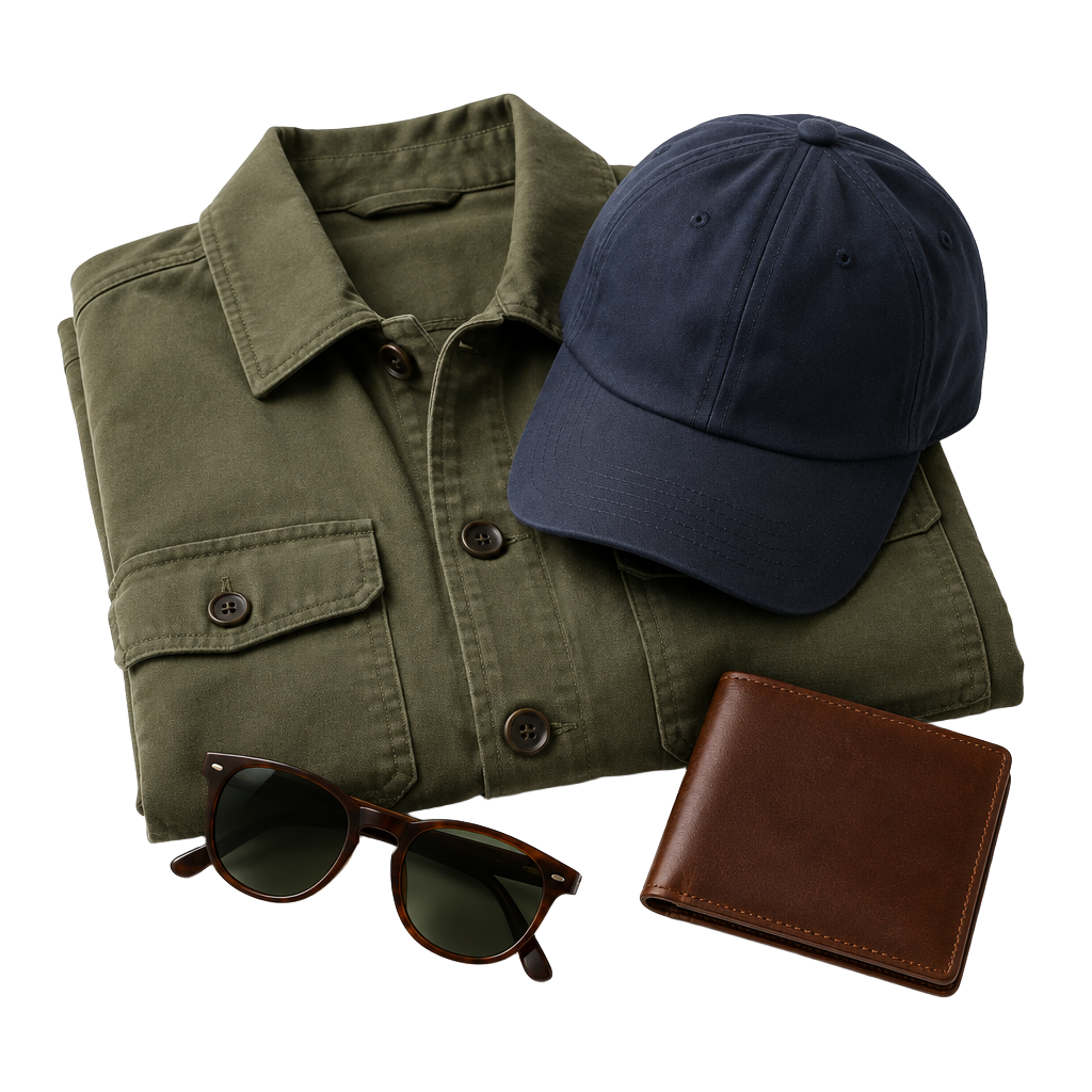 Overshirt dobrada, boné, óculos de sol e carteira de couro masculinos