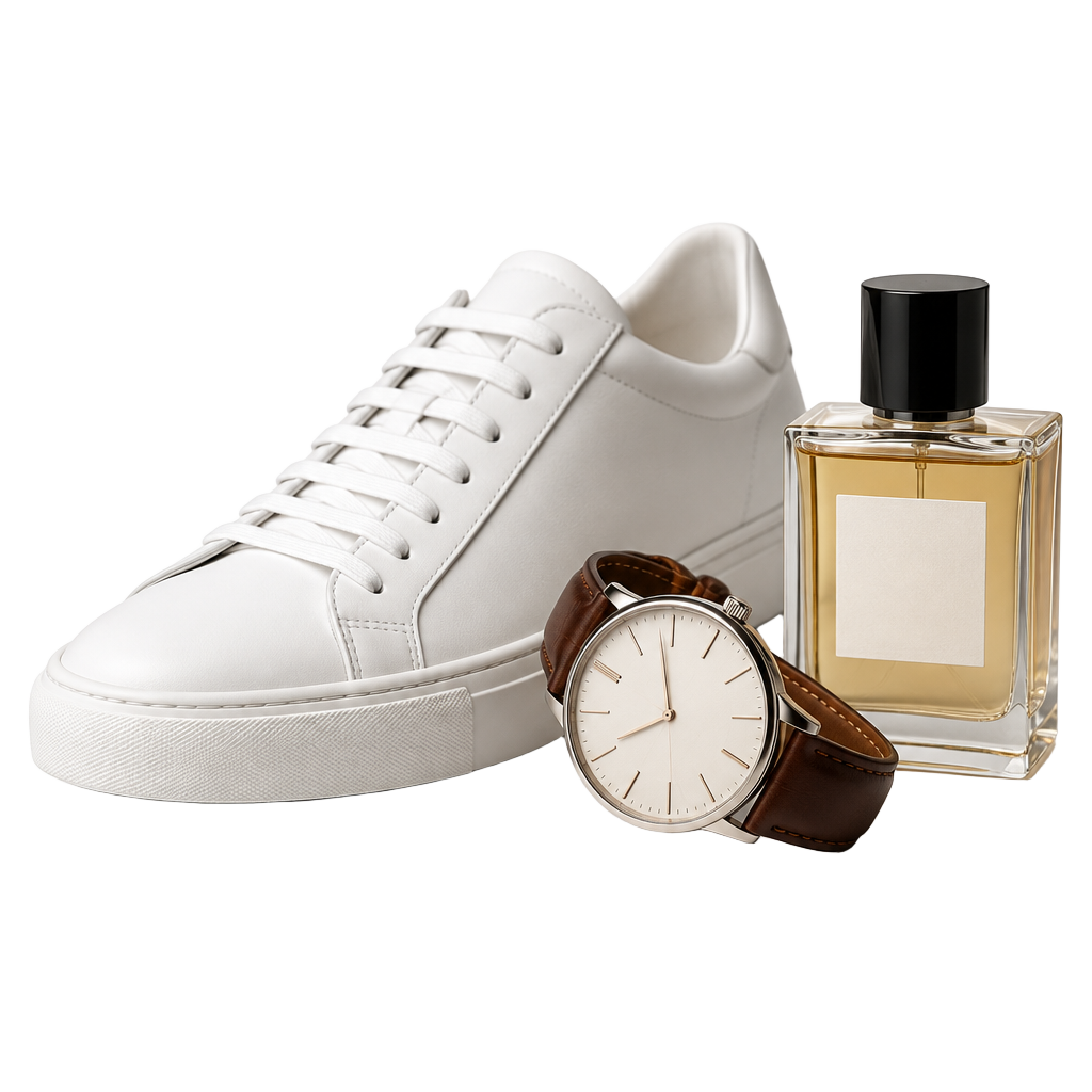 Tênis branco casual, relógio com pulseira de couro e perfume masculino